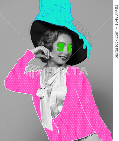 Contemporary art collage. Black and white portrait of tender elegant woman with colorful drawings on face. Abstract 104837483