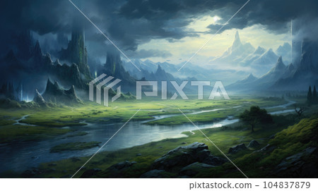 A mystical and serene landscape with a shimmering lake, glowing fireflies, and a moonlit sky, where nature and magic coexist harmoniously. AI generated 104837879