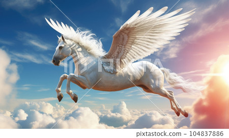 A mystical and powerful pegasus with iridescent wings, surrounded by a celestial glow, symbolizing the connection between the earthly and the divine. sunlight AI generated A mystical and powerful pegasus with iridescent wings, surrounded by a celestial glow, symbolizing the connection between the earthly and the divine. sunlight AI generated 104837886