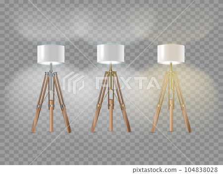 Realistic floor lamp. modern electric torchere with light isolated on transparent background. illustration light furniture set for illumination interior. Vector Realistic floor lamp. modern electric torchere with light isolated on transparent background. illustration light furniture set for illumination interior. Vector 104838028