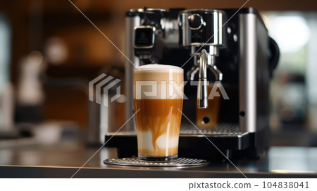 A cup of coffee on the background of a coffee machine, expresso, milk in layers. AI generated 104838041