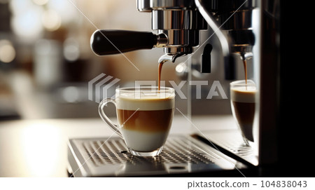 cup under a coffee machine, capturing the stream of freshly brewed coffee cascading down, AI generated 104838043