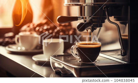 A close-up shot of a coffee machine spout pouring coffee into a clear glass cup, highlighting the rich, caramel-colored liquid AI generated 104838045