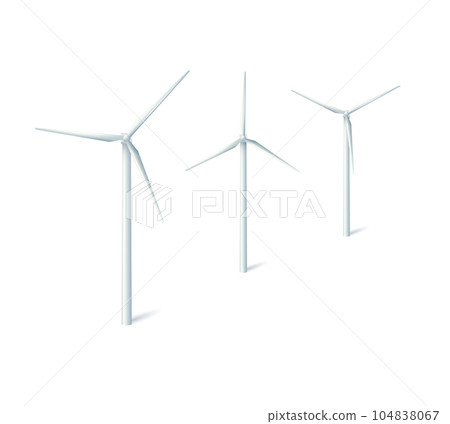 Wind turbines windmills energy power generators. White towers with long vanes for producing alternative eco energy. Vector Wind turbines windmills energy power generators. White towers with long vanes for producing alternative eco energy. Vector 104838067