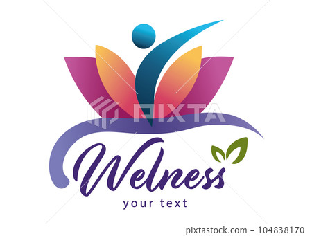 Wellness symbol vector logo - health or spa or natural medicine. Logotype or insignia with abstract person silhouette and lotus flower petals. Branding for business company or corporate 104838170