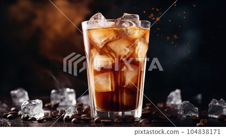 A vibrant depiction of an iced coffee, showcasing its rich brown hue and the glistening ice cubes, AI generated 104838171