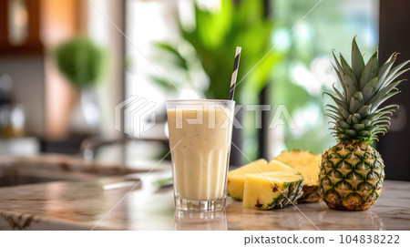 A captivating image of a pineapple smoothie, adorned with a pineapple wedge and a colorful straw, inviting you to savor the tropical essence with every sip. AI generated 104838222