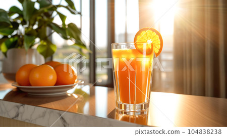 A refreshing glass of orange juice, accompanied by a vibrant display of fresh oranges, creating a delightful scene in the kitchen, bursting with citrus goodness. AI generated A refreshing glass of orange juice, accompanied by a vibrant display of fresh oranges, creating a delightful scene in the kitchen, bursting with citrus goodness. AI generated 104838238