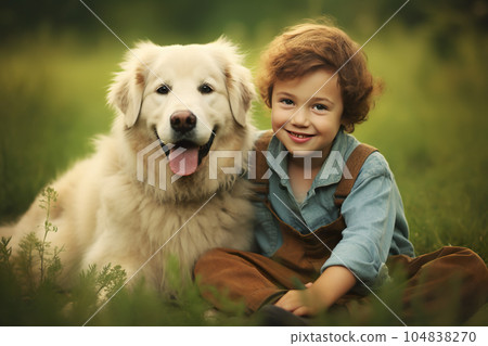 Little boy hugs big dog, kid and pet sit together on grass in summer 104838270