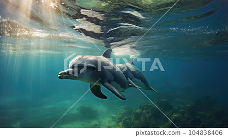 A captivating view of dolphins gracefully swimming in the vast ocean, showcasing the beauty and elegance of these intelligent marine creatures. AI generated 104838406