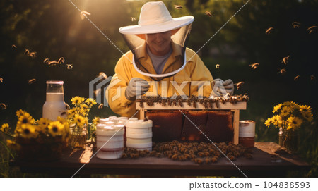 Honey harvesting by a skilled beekeeper, a harmonious interaction between humans and bees AI generated 104838593