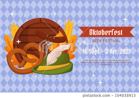 Oktoberfest German beer festival background. Design with Tyrolean hat, fork with grilled sausage, pretzel, wooden barrel, wheat and leaves. Light blue rhombus pattern Oktoberfest German beer festival background. Design with Tyrolean hat, fork with grilled sausage, pretzel, wooden barrel, wheat and leaves. Light blue rhombus pattern 104838913