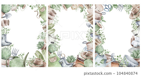 Watercolor set of frames with garden tools, flowers, herbs, plants. Garden equipment banner or party invitation. Watercolor set of frames with garden tools, flowers, herbs, plants. Garden equipment banner or party invitation. 104840874