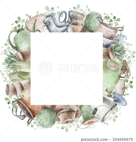 Watercolor set of frames with garden tools, flowers, herbs, plants. Garden equipment banner or party invitation. 104840879
