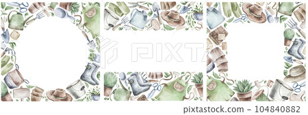 Watercolor set of frames with garden tools, flowers, herbs, plants. Garden equipment banner or party invitation. Watercolor set of frames with garden tools, flowers, herbs, plants. Garden equipment banner or party invitation. 104840882