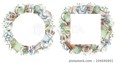 Watercolor set of frames with garden tools, flowers, herbs, plants. Garden equipment banner or party invitation. Watercolor set of frames with garden tools, flowers, herbs, plants. Garden equipment banner or party invitation. 104840891