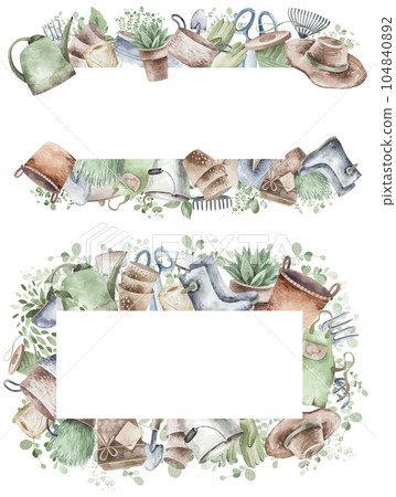 Watercolor set of frames with garden tools, flowers, herbs, plants. Garden equipment banner or party invitation. 104840892