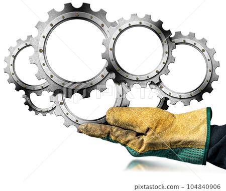 Gloved Hand Holding Metallic Cogwheels Isolated on White Background Gloved Hand Holding Metallic Cogwheels Isolated on White Background 104840906