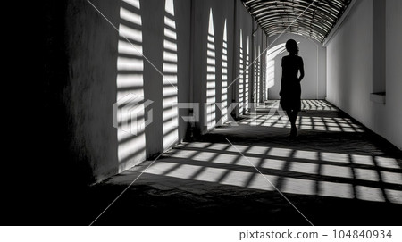 silhouette of a woman in the corridor, light and shadow and on the wall and floor, black and white, made with Generative AI 104840934