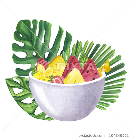 Tropical fruits, cup, palm leaves. Watermelon strawberry pineapple carambola. Hand-drawn watercolor illustration on white background. For bar restaurant menu logo 104840961