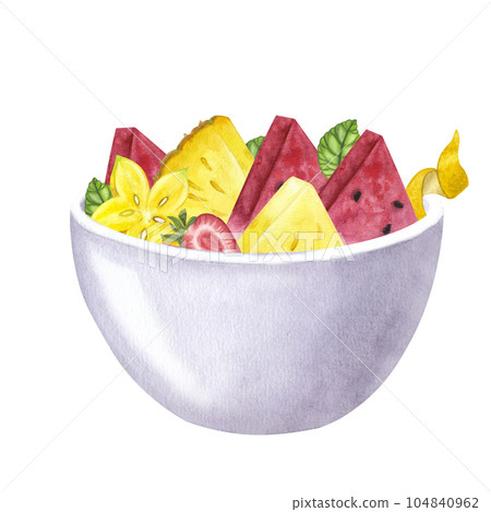 Tropical fruits in a cup. Watermelon strawberry pineapple carambola. Hand-drawn watercolor illustration on white background. For bar restaurant menu logo 104840962