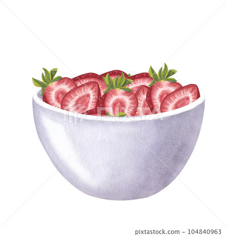 Red juicy strawberries, bowl. Healthy diet. Hand drawn watercolor illustration isolated on white background. Design element for bar and restaurant menu, recipes, flyers 104840963