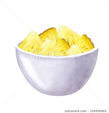 Slice yellow pineapple, bowl. Healthy diet. Hand drawn watercolor illustration isolated on white background. Design element for bar and restaurant menu, recipes 104840964
