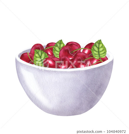 Red juicy cherry berries, bowl. Healthy diet. Hand drawn watercolor illustration isolated on white background. Design element for bar and restaurant menu, recipes 104840972