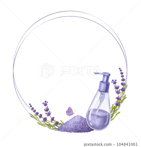 Round frame lilac cosmetic lavender essential oil, dispenser glass bottle, sea salt. Hand draw watercolor illustration isolated on white background. Cosmetology, aromatherapy, logo Round frame lilac cosmetic lavender essential oil, dispenser glass bottle, sea salt. Hand draw watercolor illustration isolated on white background. Cosmetology, aromatherapy, logo 104841001