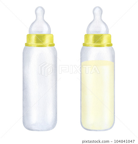 Green bottle, silicone nipple. Milk infant formula. Newborn girl. Hand drawn watercolor illustration isolated on white background. Gender reveal party, baby shower Green bottle, silicone nipple. Milk infant formula. Newborn girl. Hand drawn watercolor illustration isolated on white background. Gender reveal party, baby shower 104841047
