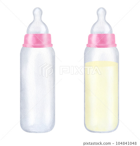Pink bottle, silicone nipple. Milk infant formula. Newborn girl. Hand drawn watercolor illustration isolated on white background. Gender reveal party, baby shower Pink bottle, silicone nipple. Milk infant formula. Newborn girl. Hand drawn watercolor illustration isolated on white background. Gender reveal party, baby shower 104841048
