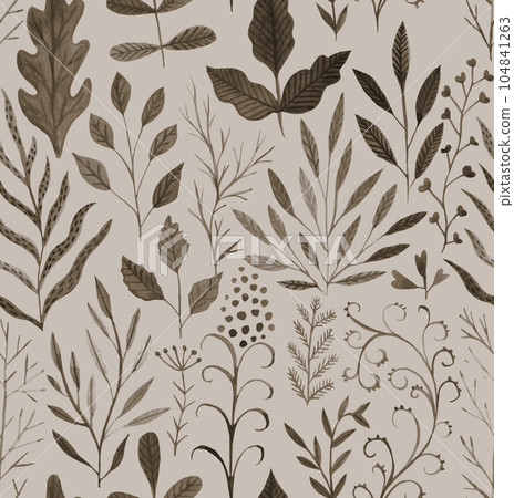 Green watercolor leaf seamless pattern. Composition of green leaves and branches on a white background, perfect for wrappers, wallpapers, postcards, greeting cards 104841263