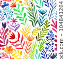 Watercolor floral seamless pattern, summer backdrop. Colorful endless botanical wallpaper, rainbow colors. 104841264