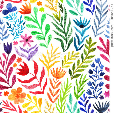 Watercolor floral seamless pattern, summer backdrop. Colorful endless botanical wallpaper, rainbow colors. 104841264