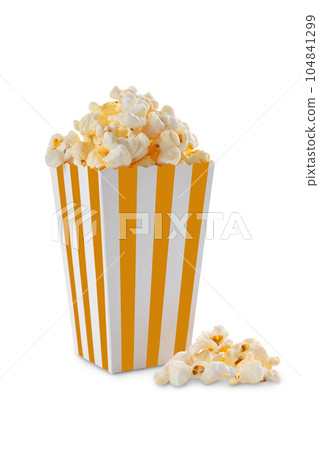Yellow white striped carton bucket with tasty cheese popcorn, isolated on white background 104841299