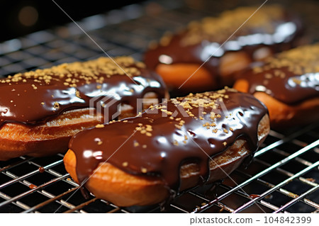 Delicious chocolate eclairs with sweet glaze. Traditional French pastry dessert. Generative AI Delicious chocolate eclairs with sweet glaze. Traditional French pastry dessert. Generative AI 104842399