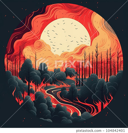 Fire burning in a forest. Wildfire, climate change concept. Feneraitve AI 104842401