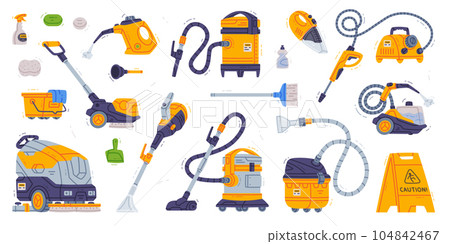 Professional Cleaning Equipment with Vacuum Cleaner Machine Vector Set 104842467