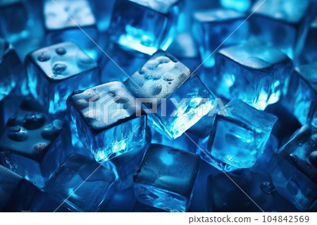 Neon ice cubes, blue abstract background illustration. Cocktails, party, nightlife, fashion concept Neon ice cubes, blue abstract background illustration. Cocktails, party, nightlife, fashion concept 104842569