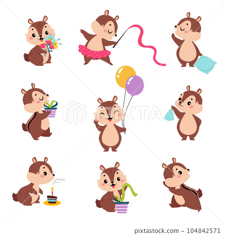 Funny Chipmunk Character with Cute Snout Engaged in Different Activity Vector Set Funny Chipmunk Character with Cute Snout Engaged in Different Activity Vector Set 104842571