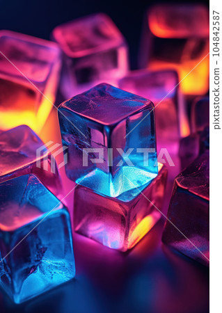 Neon ice cubes abstract background illustration. Cocktails, party, nightlife, fashion concept 104842587
