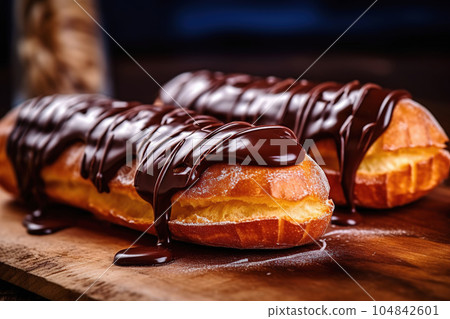 Freshly glazed chocolate eclairs resting on rustic wooden table. Traditional French pastry dessert. Generative AI Freshly glazed chocolate eclairs resting on rustic wooden table. Traditional French pastry dessert. Generative AI 104842601