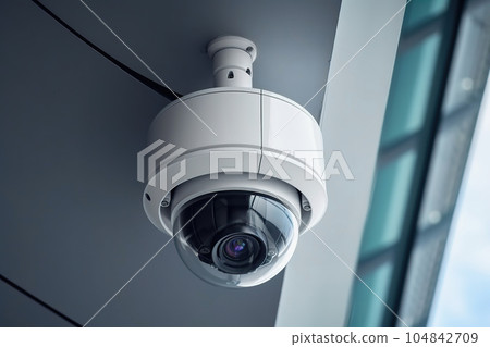 Security camera on wall. Round dome surveillance camera on building. Modern CCTV in the city. Generative AI 104842709