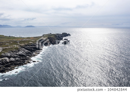 Aerial view of the coastline at Malin Head in Ireland. Aerial view of the coastline at Malin Head in Ireland. 104842844