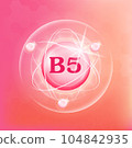 Vitamin B5 icon structure pink yellow substance. Medicine health symbol of thiamine. Vector Illustration. 3D Vitamin complex with chemical formula. Personal care, beauty concept. Drug business concept 104842935