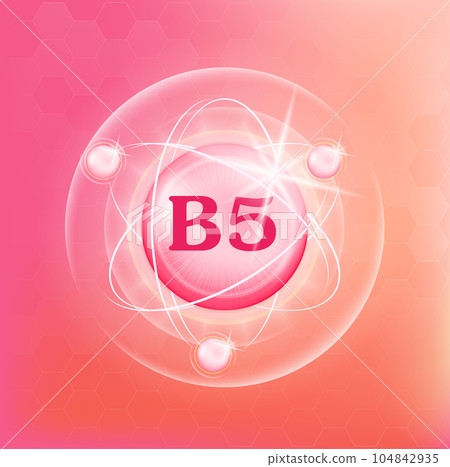Vitamin B5 icon structure pink yellow substance. Medicine health symbol of thiamine. Vector Illustration. 3D Vitamin complex with chemical formula. Personal care, beauty concept. Drug business concept 104842935