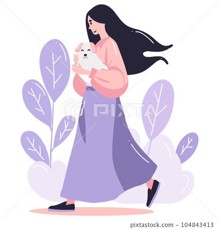 teenage girl with cute dog in flat style isolated on background 104843413