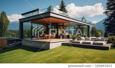 exterior of a luxury villa in a minimal style. Glass house in the mountains, photo AI 104843821