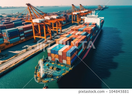 Aerial view of a cargo container ship. Fully loaded container ship against the background of a cargo terminal in a seaport, port cranes, railroads. Global freight logistics concept. 3D illustration. 104843881