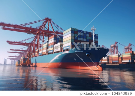 Container ship at the berth in cargo terminal of the port under loading. Port cranes load containers, place them in rows on the deck of the vessel. Global freight shipping concept. 3D illustration. 104843989